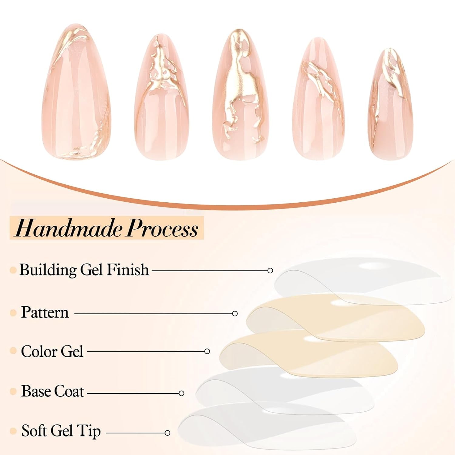 24 Stück Mandel Press on Nails Mittel Länge Bronzing Falsche Nails Mit Designs Gold Linie Falsche Nails Klebe Nails Glänzend Akryl Nails Für Frauen Nagel Deko