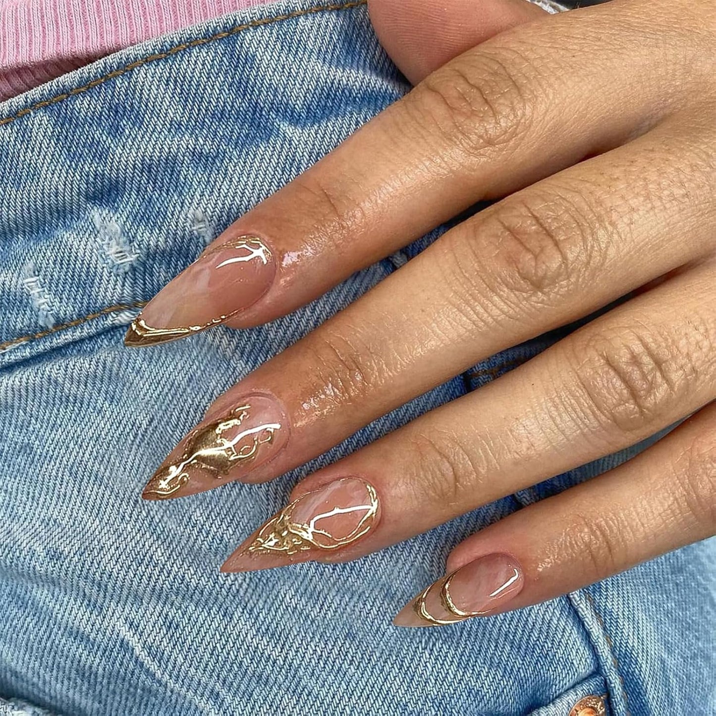 24 Stück Mandel Press on Nails Mittel Länge Bronzing Falsche Nails Mit Designs Gold Linie Falsche Nails Klebe Nails Glänzend Akryl Nails Für Frauen Nagel Deko