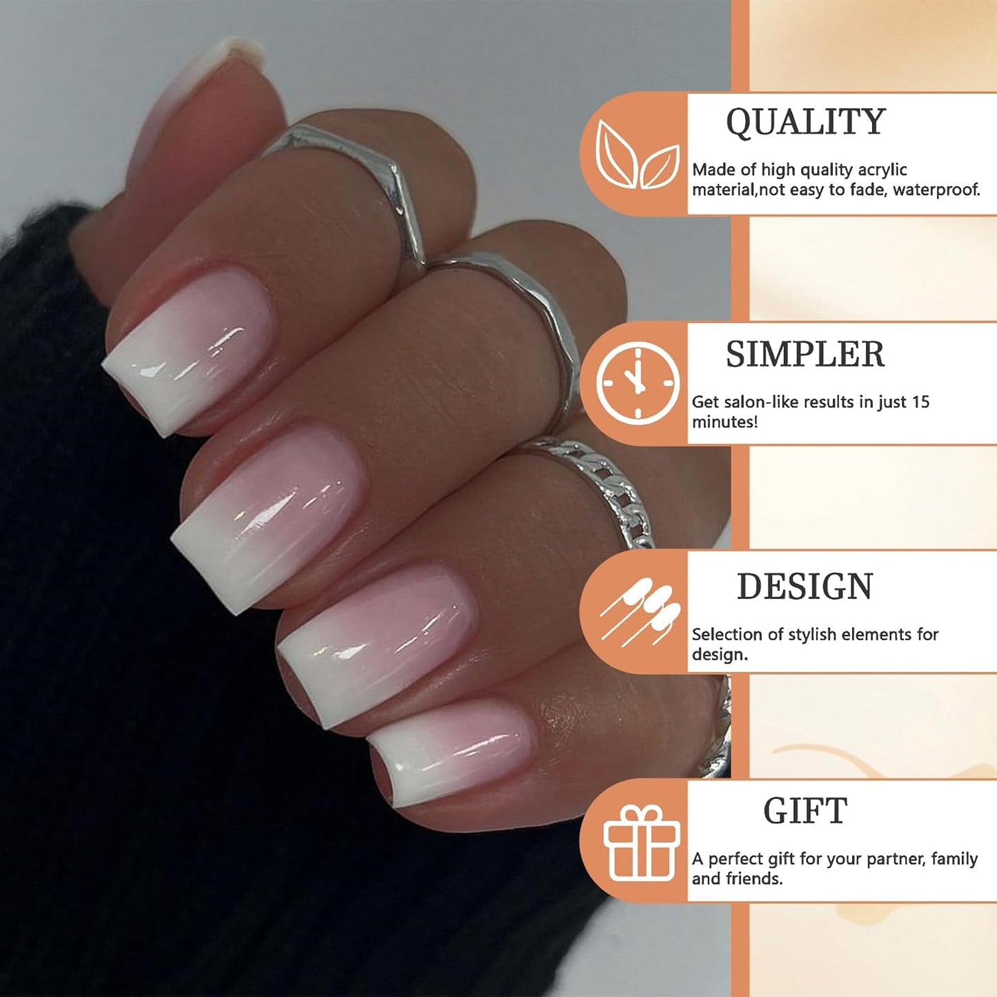 24 Stück Gradient Pink Und Weiß Ombre Nails Press on - Kurz Quadratisch Klebe Französische Akryl Nails