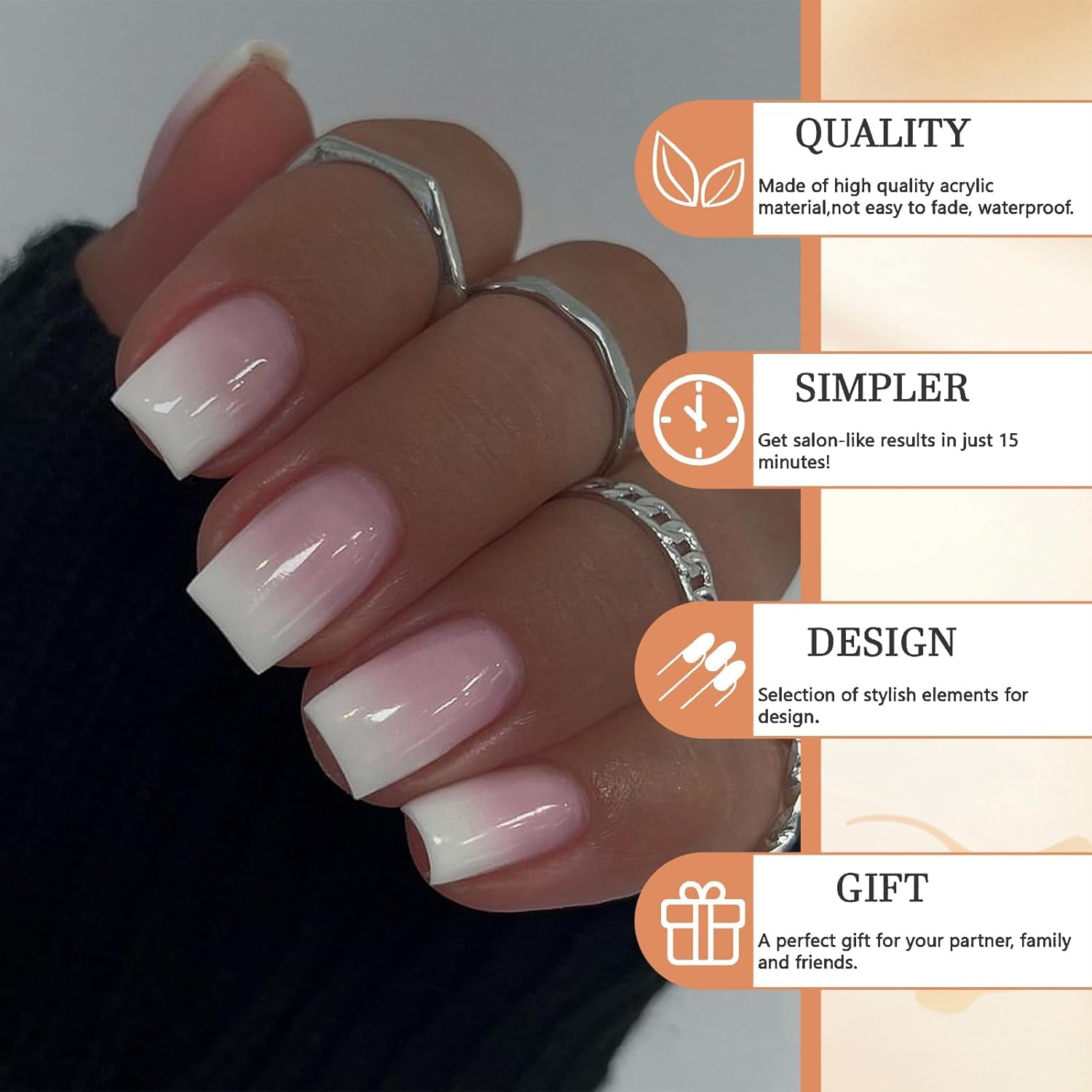24 Stück Gradient Pink Und Weiß Ombre Nails Press on - Kurz Quadratisch Klebe Französische Akryl Nails