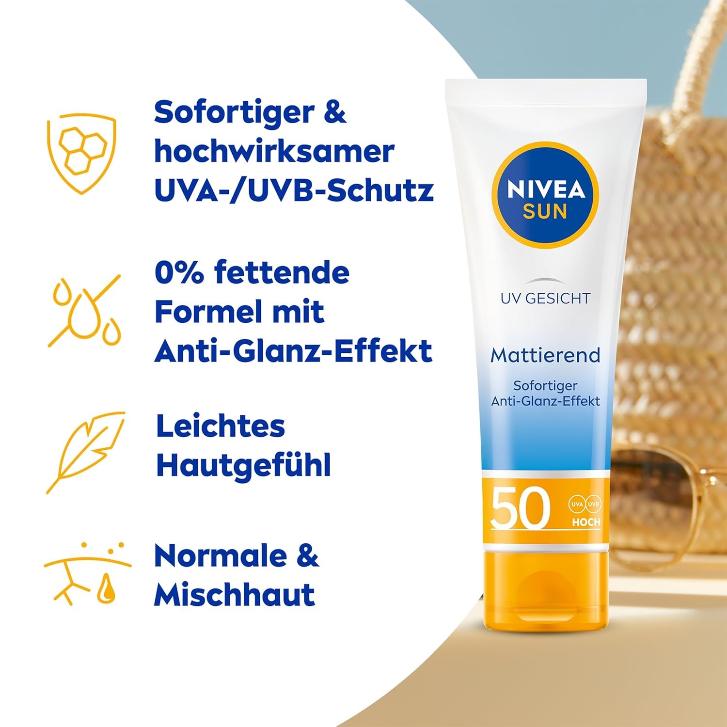 NIVEA SUN UV Gesicht Mattierender Sonnenschutz LSF 50 (50 Ml), Nicht Fettende Sonnencreme Für Das Gesicht, Sofort Wirksame Sonnenmilch Mit Leichter Textur