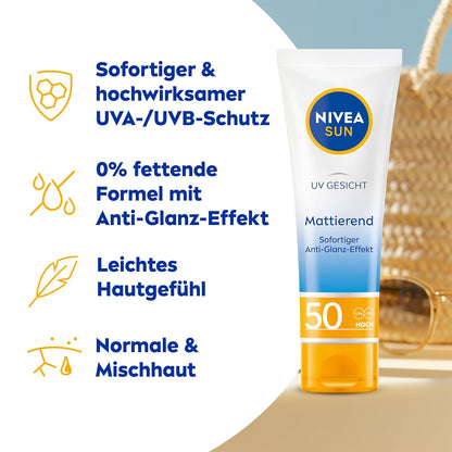 NIVEA SUN UV Gesicht Mattierender Sonnenschutz LSF 50 (50 Ml), Nicht Fettende Sonnencreme Für Das Gesicht, Sofort Wirksame Sonnenmilch Mit Leichter Textur