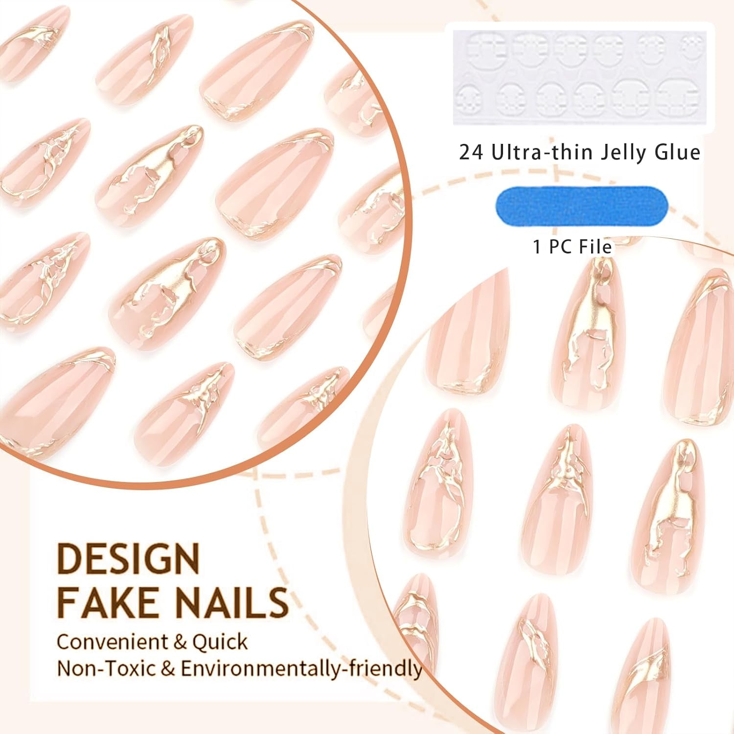 24 Stück Mandel Press on Nails Mittel Länge Bronzing Falsche Nails Mit Designs Gold Linie Falsche Nails Klebe Nails Glänzend Akryl Nails Für Frauen Nagel Deko