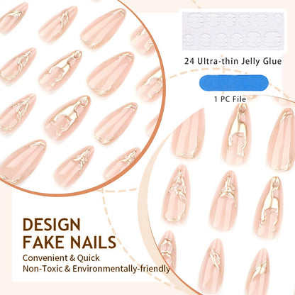 24 Stück Mandel Press on Nails Mittel Länge Bronzing Falsche Nails Mit Designs Gold Linie Falsche Nails Klebe Nails Glänzend Akryl Nails Für Frauen Nagel Deko