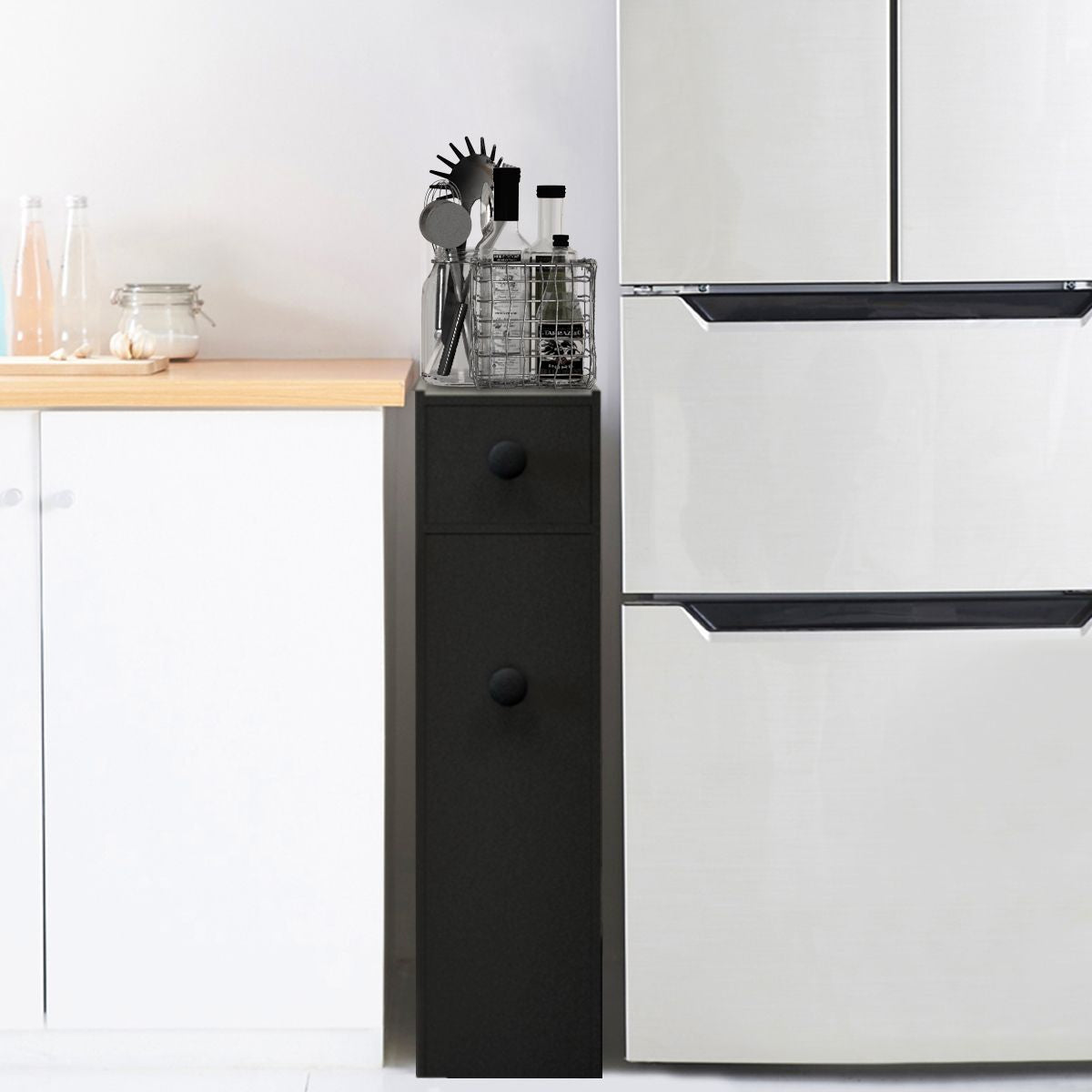 Schmaler Nischenregal Mit Schubladen Badschrank Aus Holz Seitenschrank