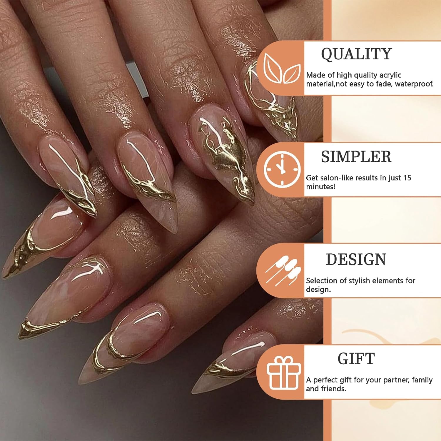 24 Stück Mandel Press on Nails Mittel Länge Bronzing Falsche Nails Mit Designs Gold Linie Falsche Nails Klebe Nails Glänzend Akryl Nails Für Frauen Nagel Deko
