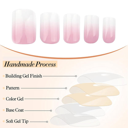 24 Stück Gradient Pink Und Weiß Ombre Nails Press on - Kurz Quadratisch Klebe Französische Akryl Nails