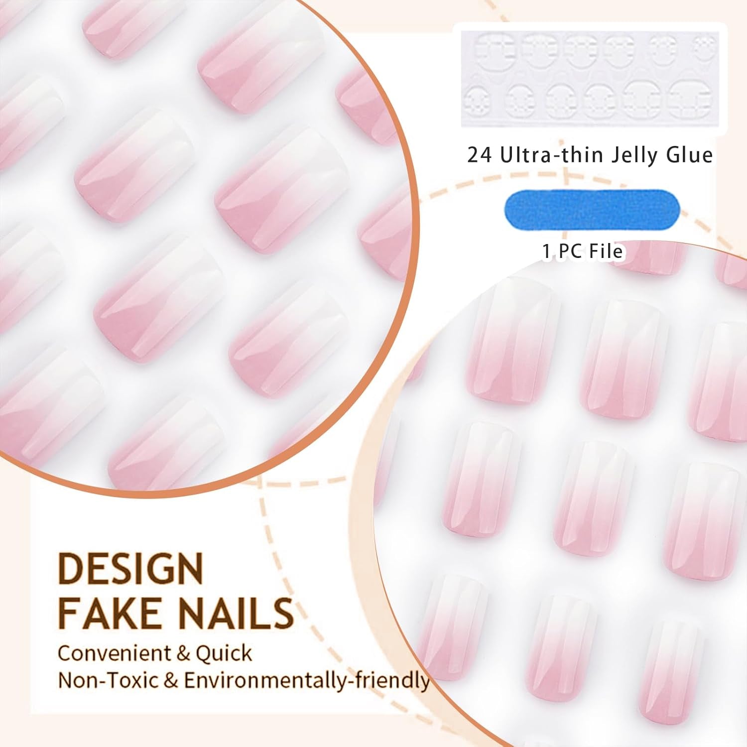 24 Stück Gradient Pink Und Weiß Ombre Nails Press on - Kurz Quadratisch Klebe Französische Akryl Nails