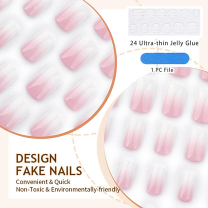 24 Stück Gradient Pink Und Weiß Ombre Nails Press on - Kurz Quadratisch Klebe Französische Akryl Nails